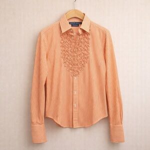 RALPH LAUREN Striped Cotton Ruffle Bib Blouse Orange White Button Small